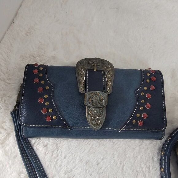 Montana West Blue Western Shoulder Bag w/ Wallet Chain Rodeo Cowgirl Conceal - Picture 11 of 12
